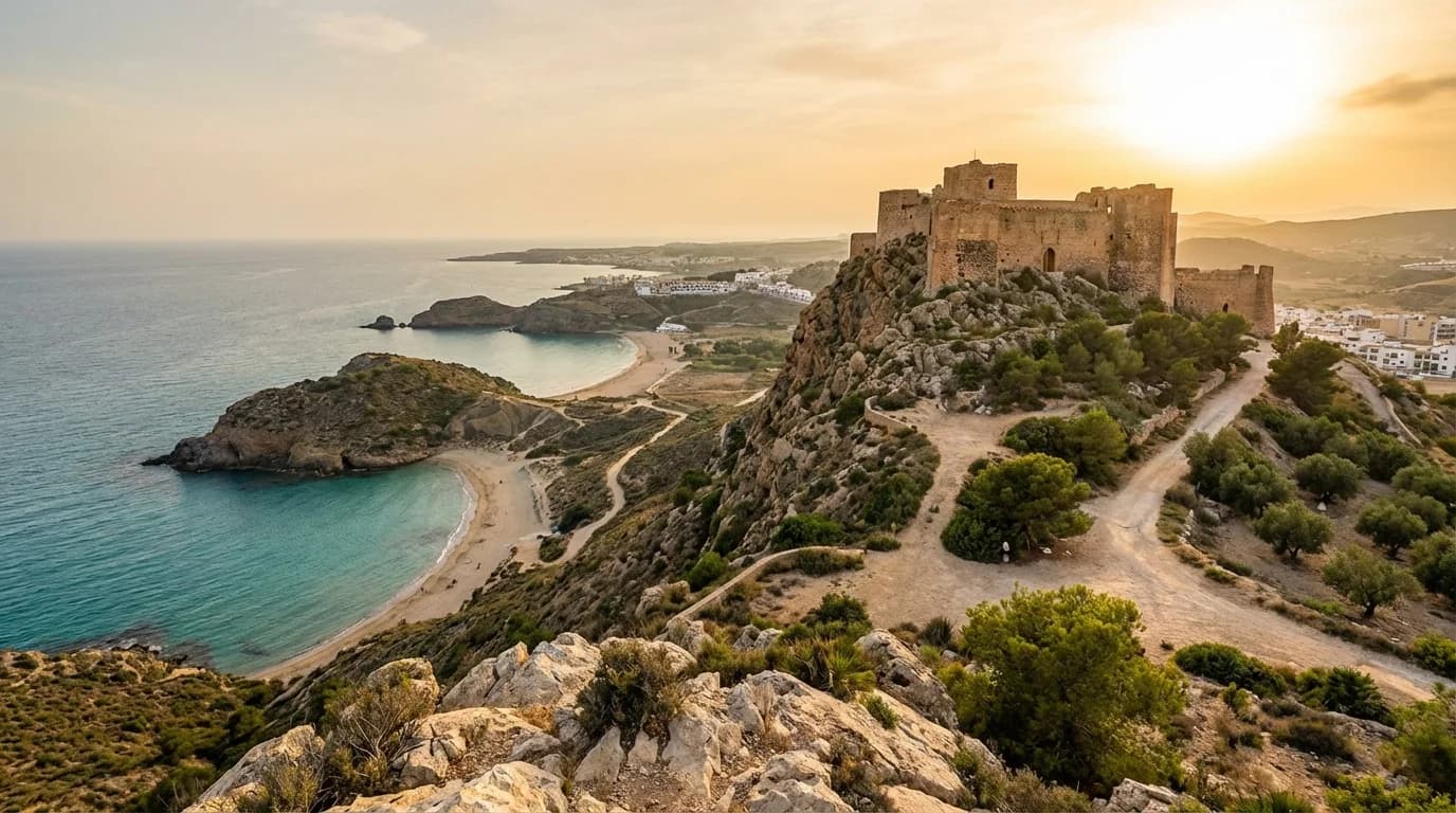 Vy över Águilas kustlinje med Castillo de San Juan på klippan, turkost Medelhav och fiskebåtar i hamnen, Costa Cálida, Murcia
