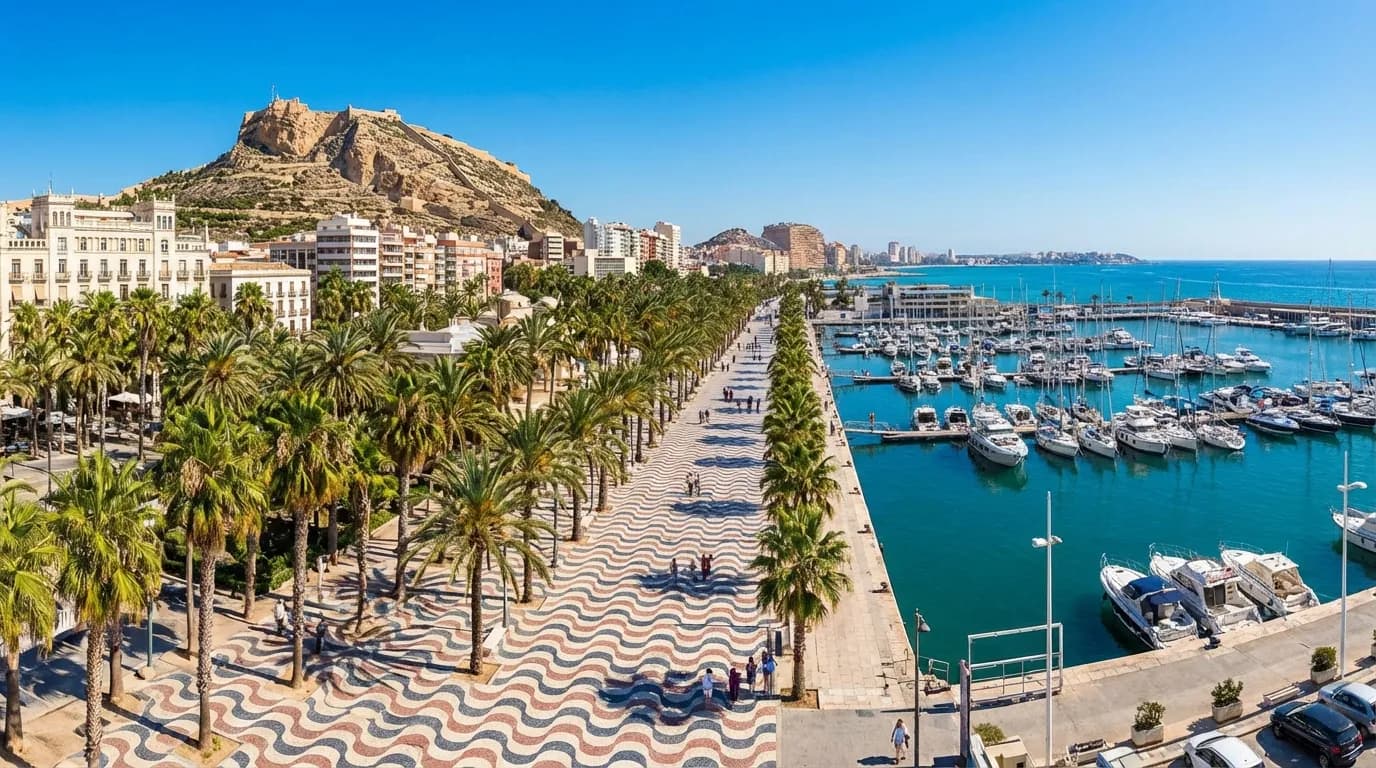 Panorama over Alicante stad med Explanada de Espana, hamnen och Santa Barbara-borgen pa berget, palmer och Medelhavet