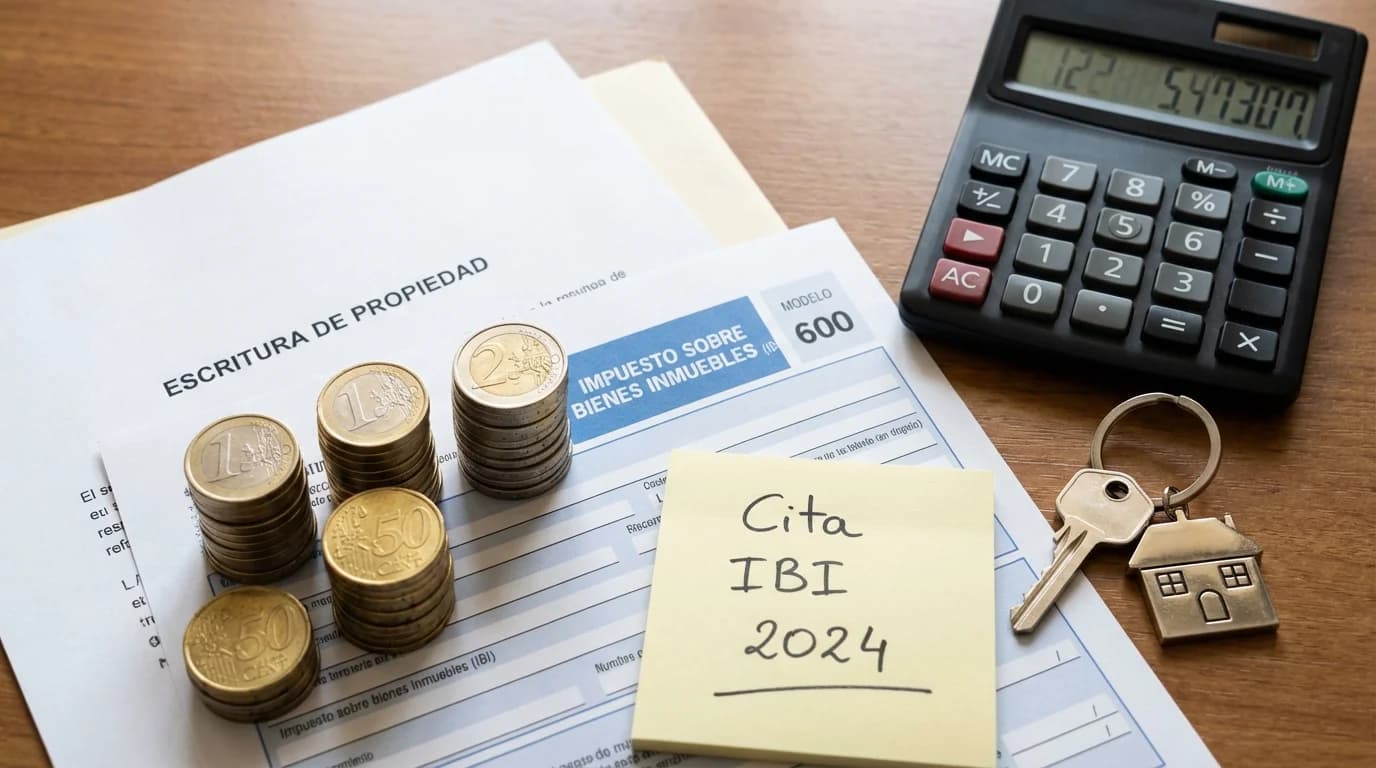 IBI-skattebesked och miniräknare på skrivbord med utsikt över spansk kuststad, Costa Blanca