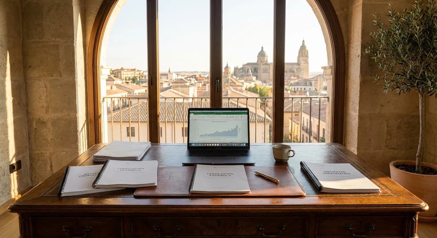 Person som flyttar till Spanien med skattedokument, laptop och stadsmiljö som symbol för Beckham-lagen och expatbeskattning