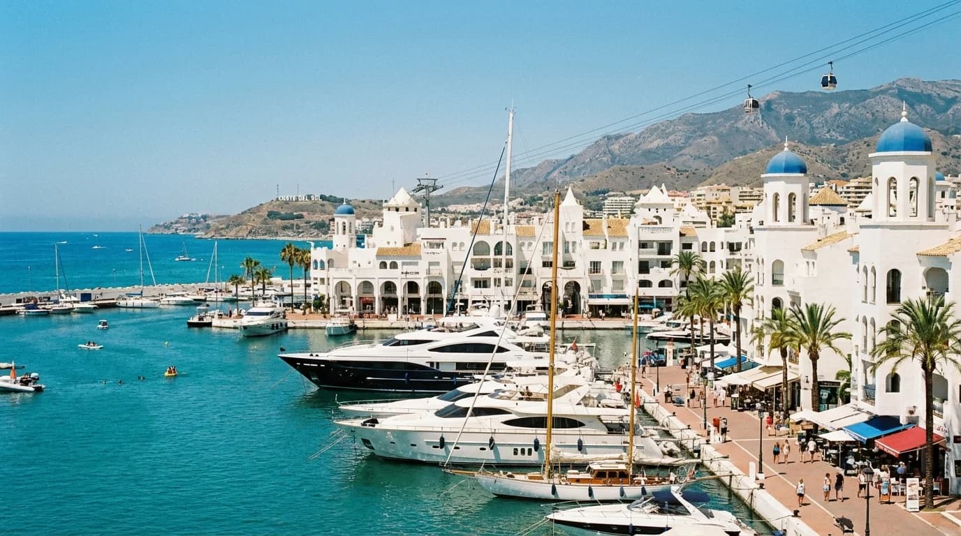 Puerto Marina i Benalmádena med lyxiga yachter, vit moorisk arkitektur och Medelhavet, Costa del Sol