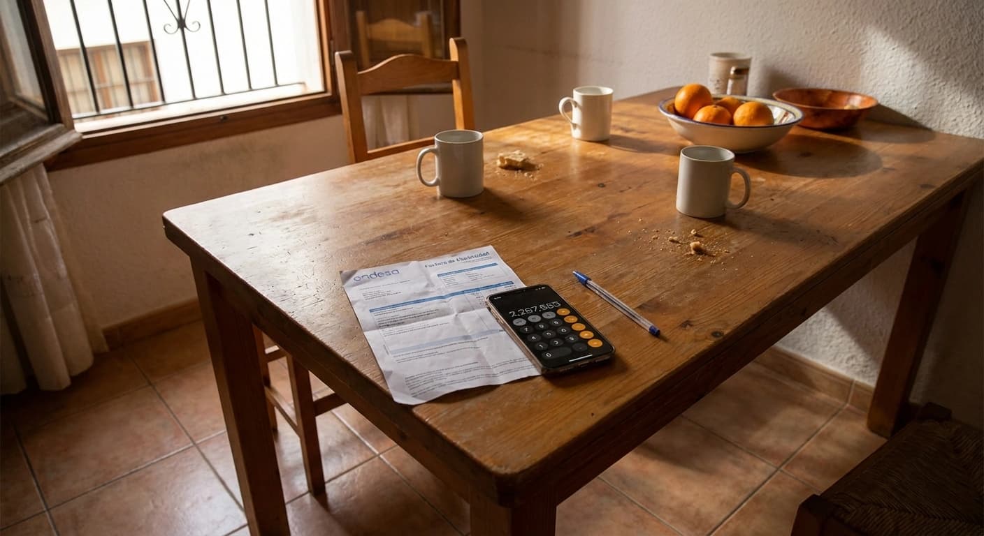 Elräkning, elmätare och nycklar på köksbord i lägenhet i Alicante, Spanien