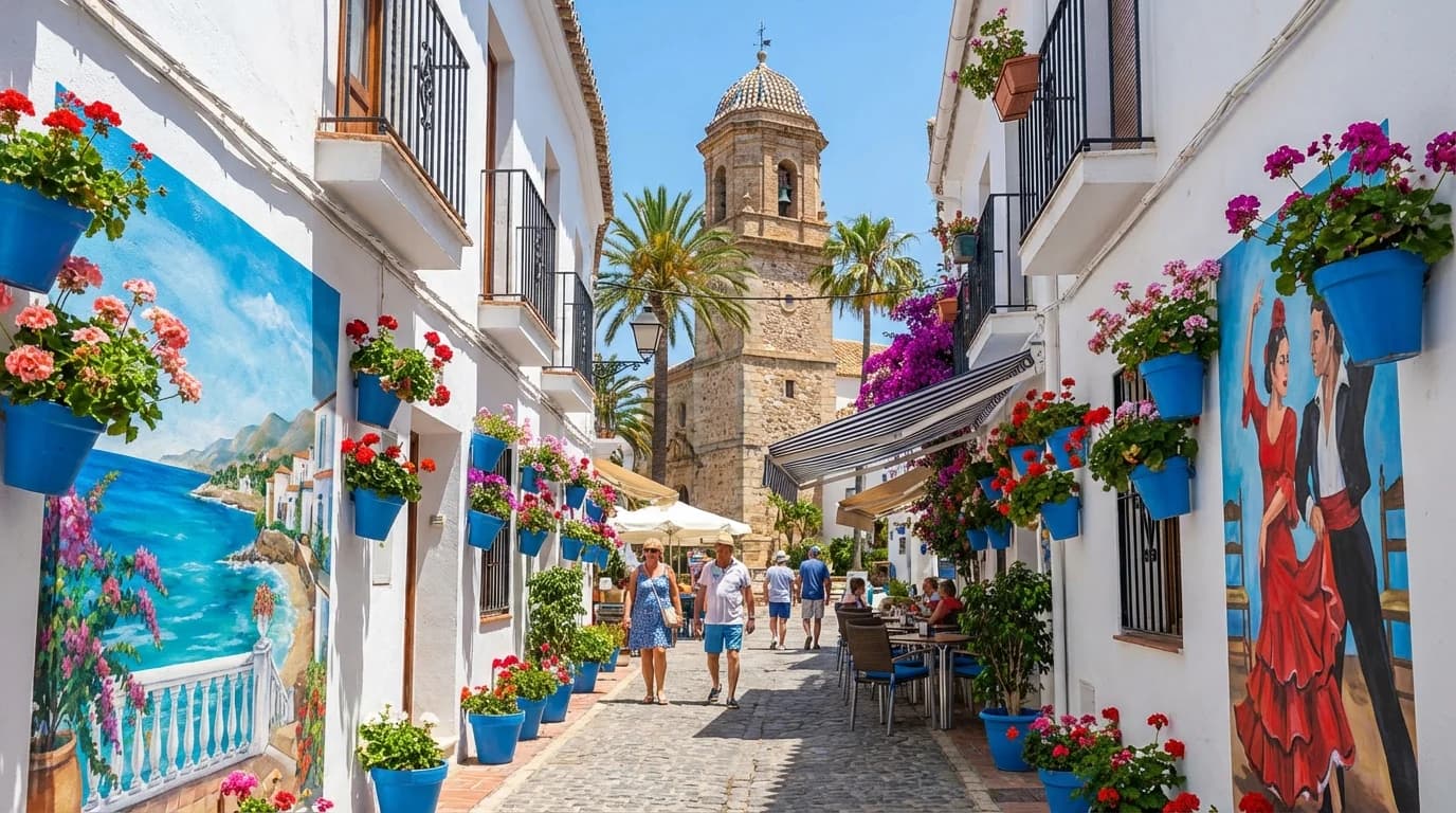 Esteponas gamla stad med blomsterklädda gator, färgglada muraler på vita väggar, kyrktorn och medelhavsatmosfär, Costa del Sol, Spanien