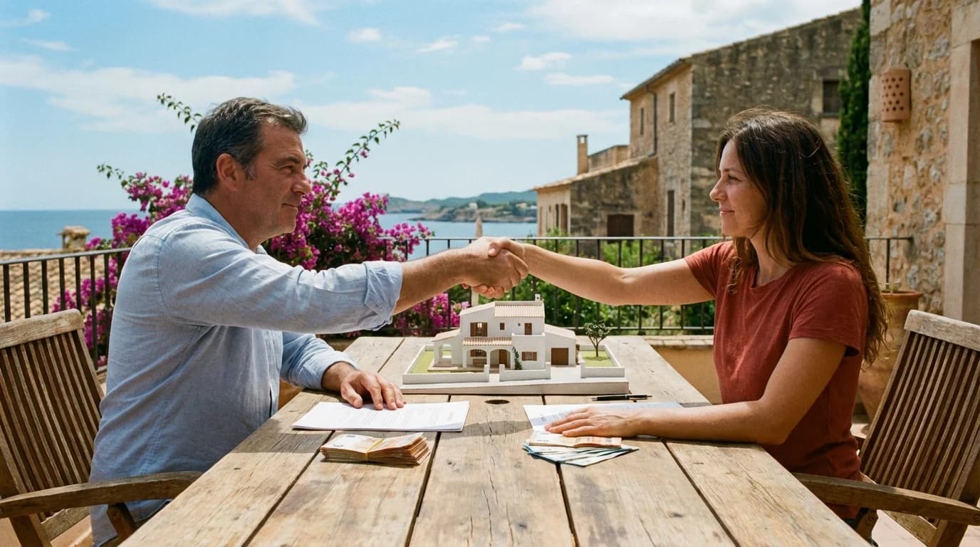 Svensk köpare och spansk mäklare förhandlar vid kontoret med köpehandlingar, Costa Blanca