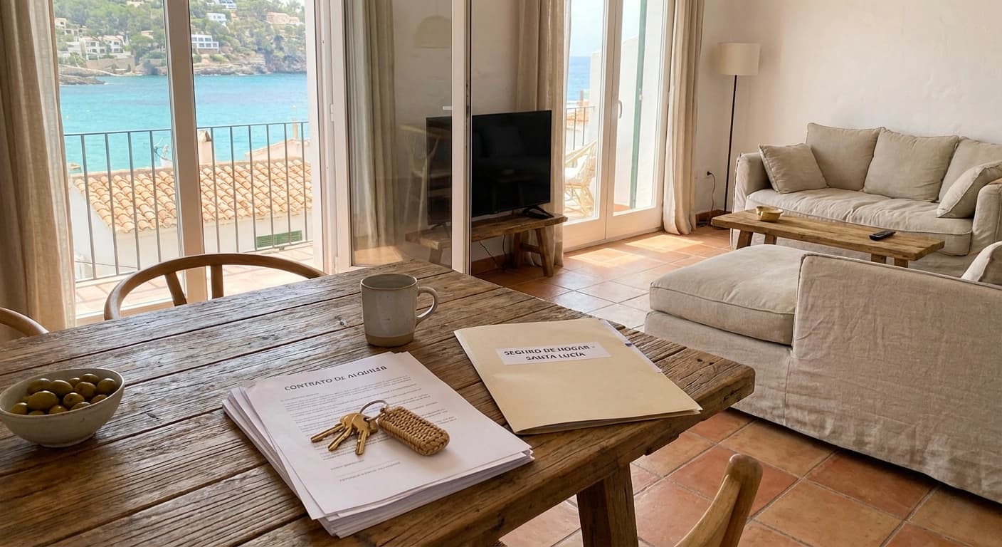 Försäkringspapper, husnycklar och kalkyl på bord i spansk bostad med utsikt mot kusten