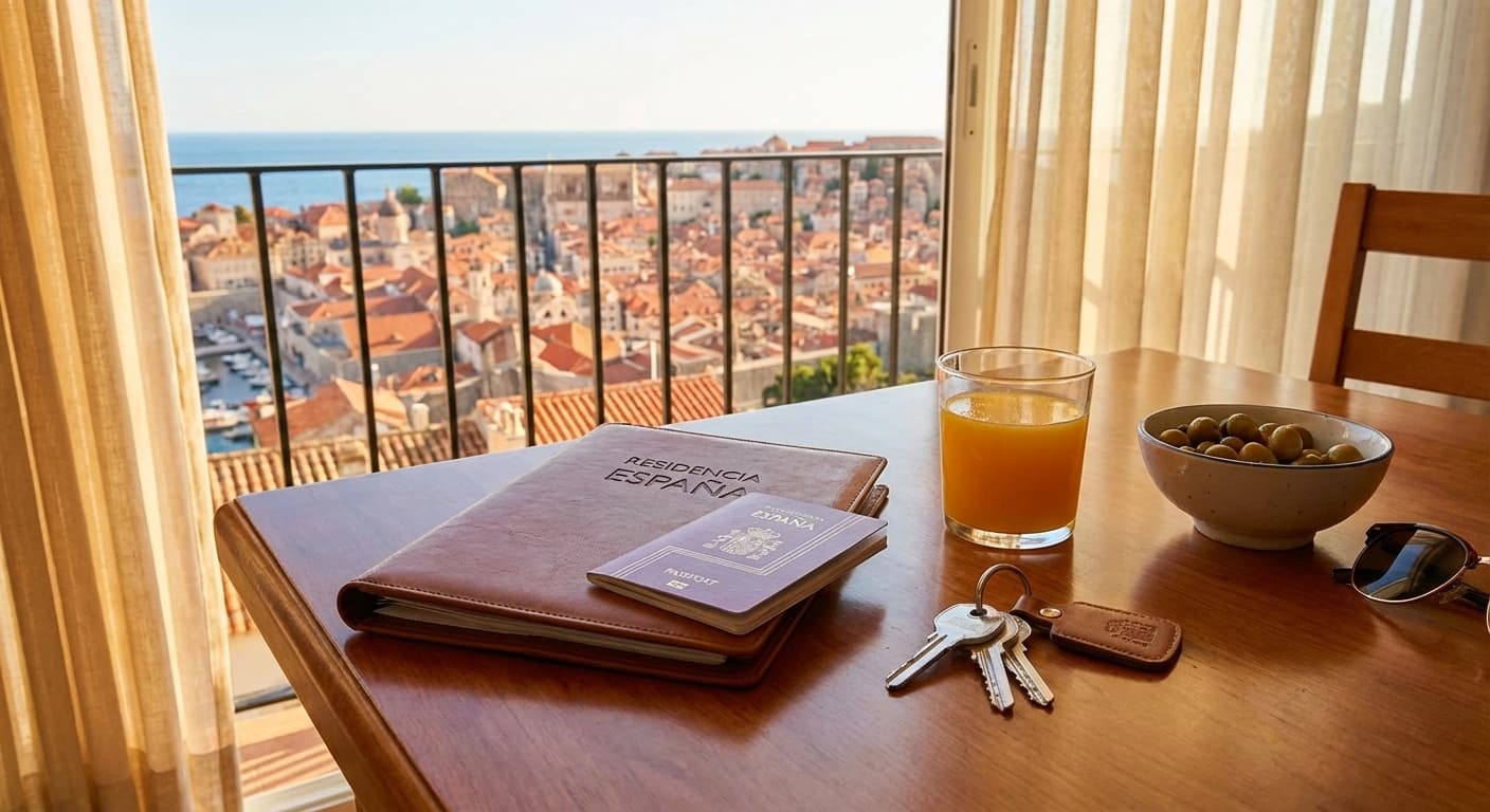 Nycklar och spansk lagtext på bord vid bostadsköp i Spanien