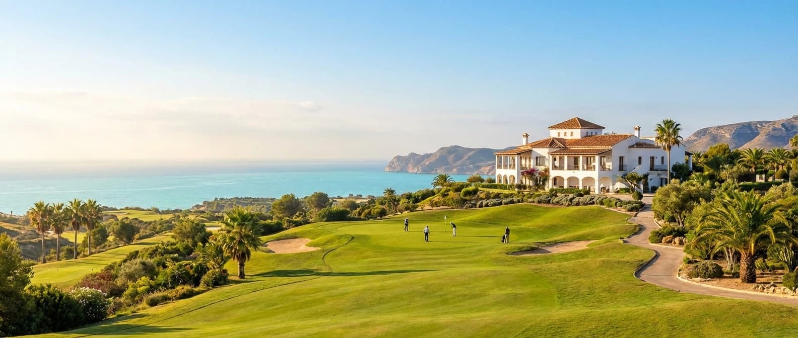 Golfbana på Costa Blanca med palmer, fairway och berg i bakgrunden nära Medelhavet