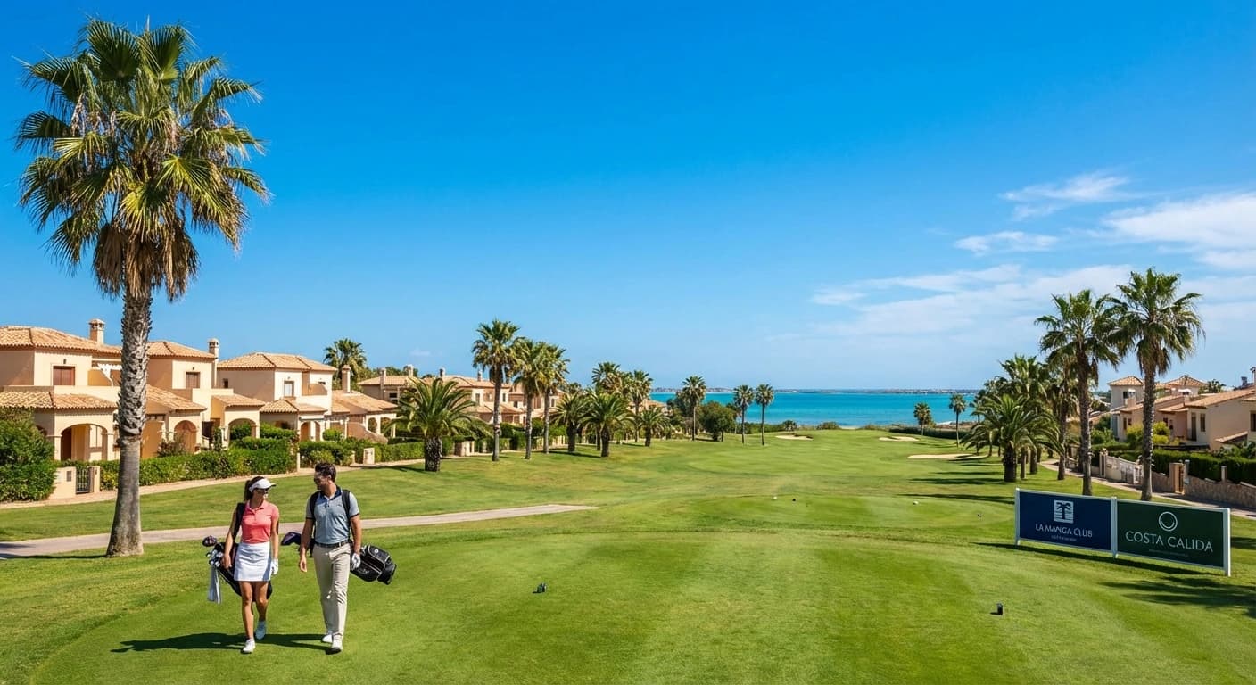 Golfbana vid Mar Menor i Costa Cálida med palmer, fairway och lågt Medelhavsljus