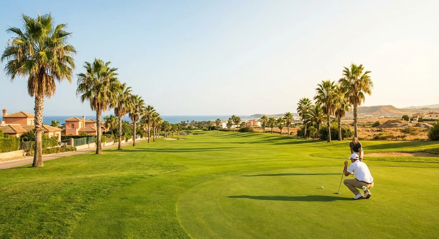 Golfspelare på green nära Torrevieja med palmer och Medelhavsljus på Costa Blanca