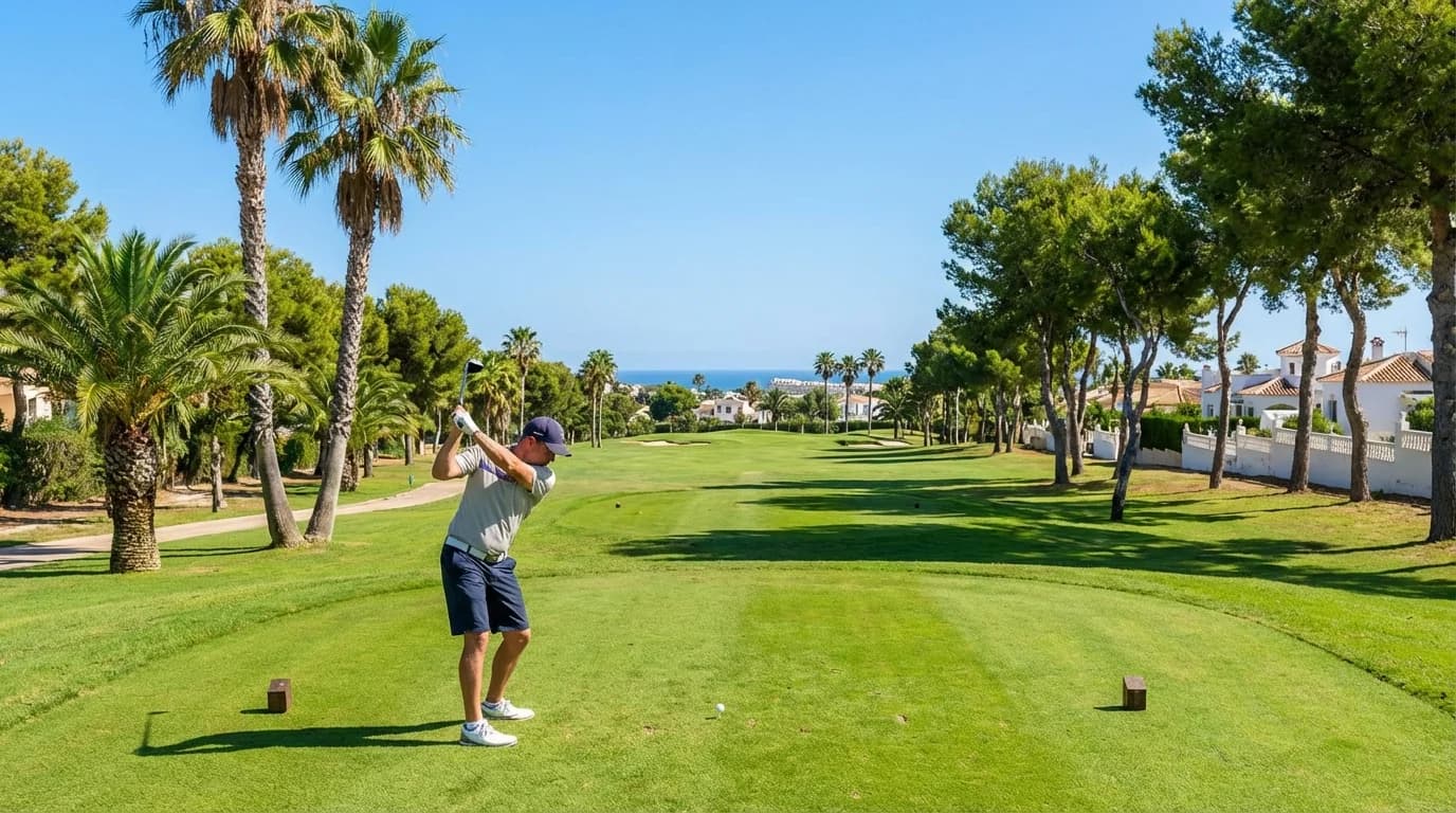 Golfbana med gröna fairways och palmer nära Torrevieja på Costa Blanca i Spanien