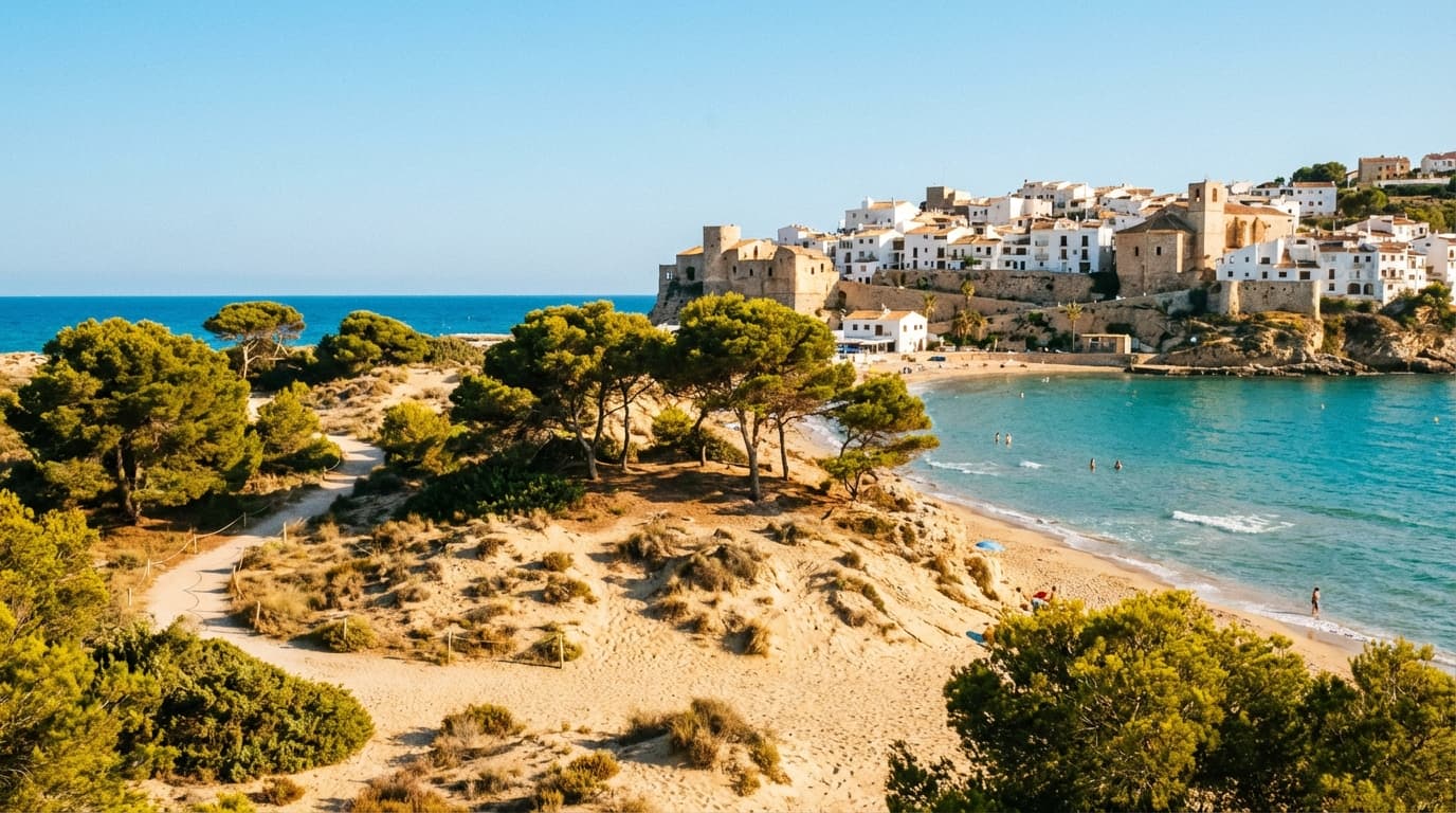 Flygvy över Guardamar del Segura med sanddyner, pinjeskog, guldstrand och Medelhavet, Costa Blanca, Spanien