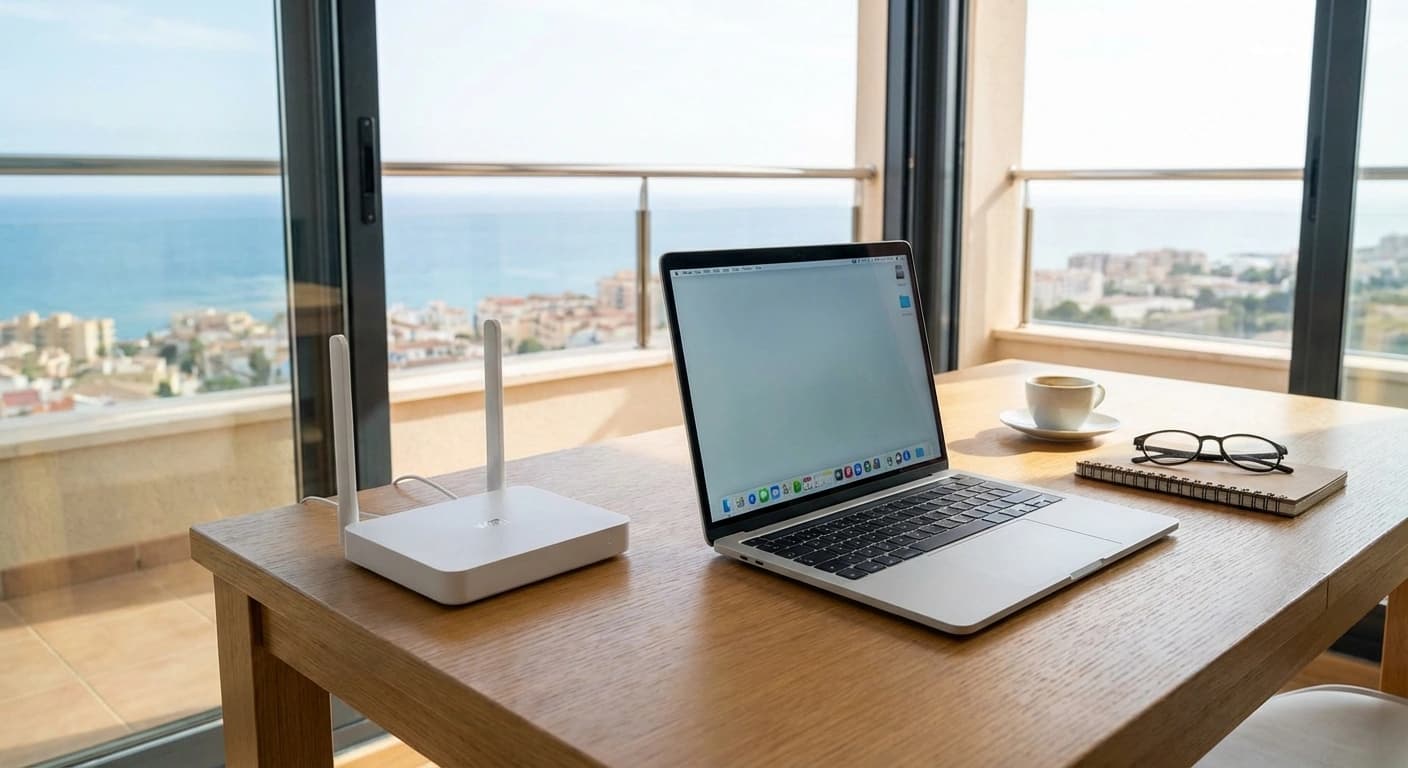 Laptop och router vid fönstret i spansk lägenhet med havsutsikt, Costa Blanca