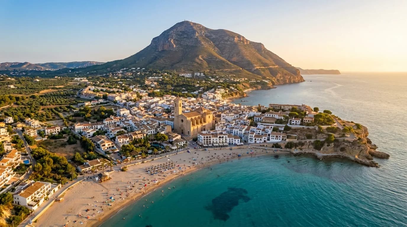 Panorama över Jávea med Arenal-stranden, gamla stan och Montgó-berget vid Medelhavskusten, norra Costa Blanca