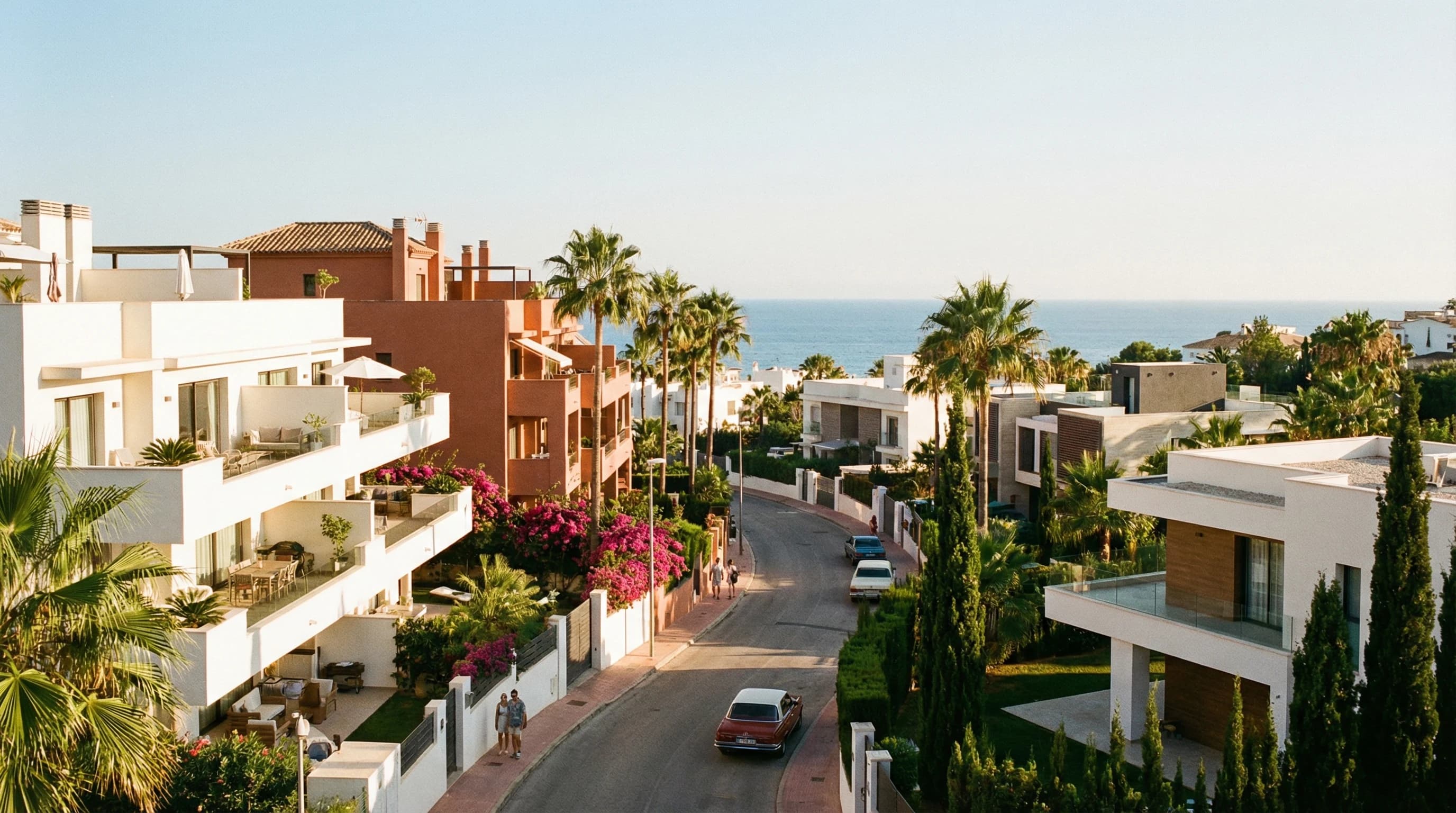 Lägenhetsbyggnader och palmer vid Medelhavet på Costa Blanca, Spanien