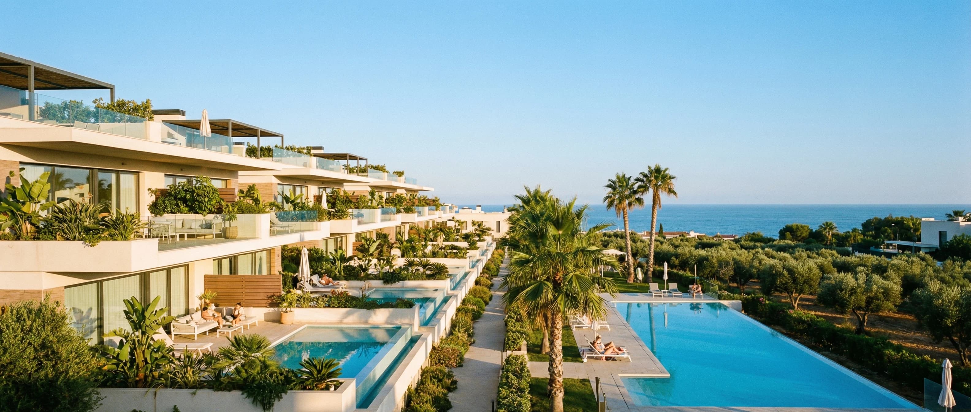 Modern lägenhetsbyggnad nära Medelhavet i Spanien med terrasser, pool och palmer