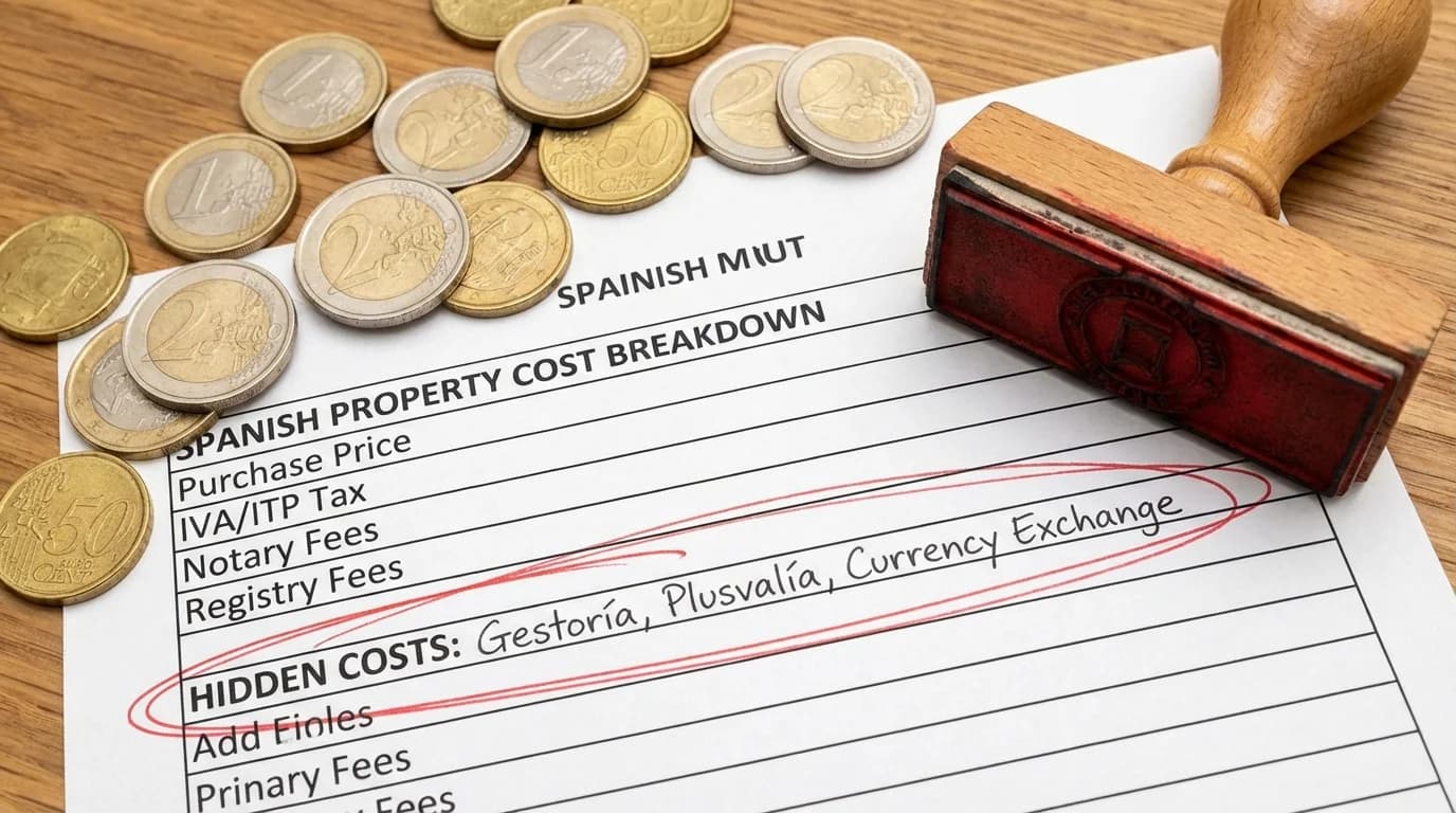 Spanska köpehandlingar med miniräknare och nycklar på notariekontor, Costa Blanca