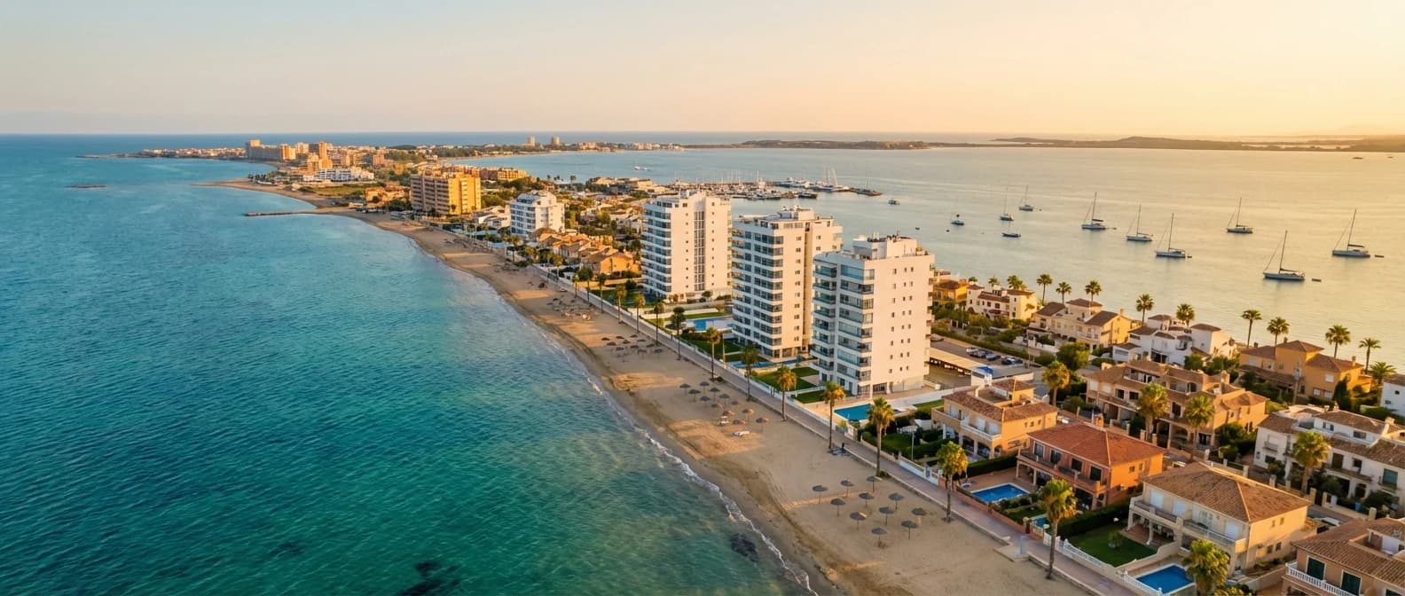 La Manga med lång smal kustremsa mellan Mar Menor och Medelhavet, stränder, båtar och soligt väder i Murcia