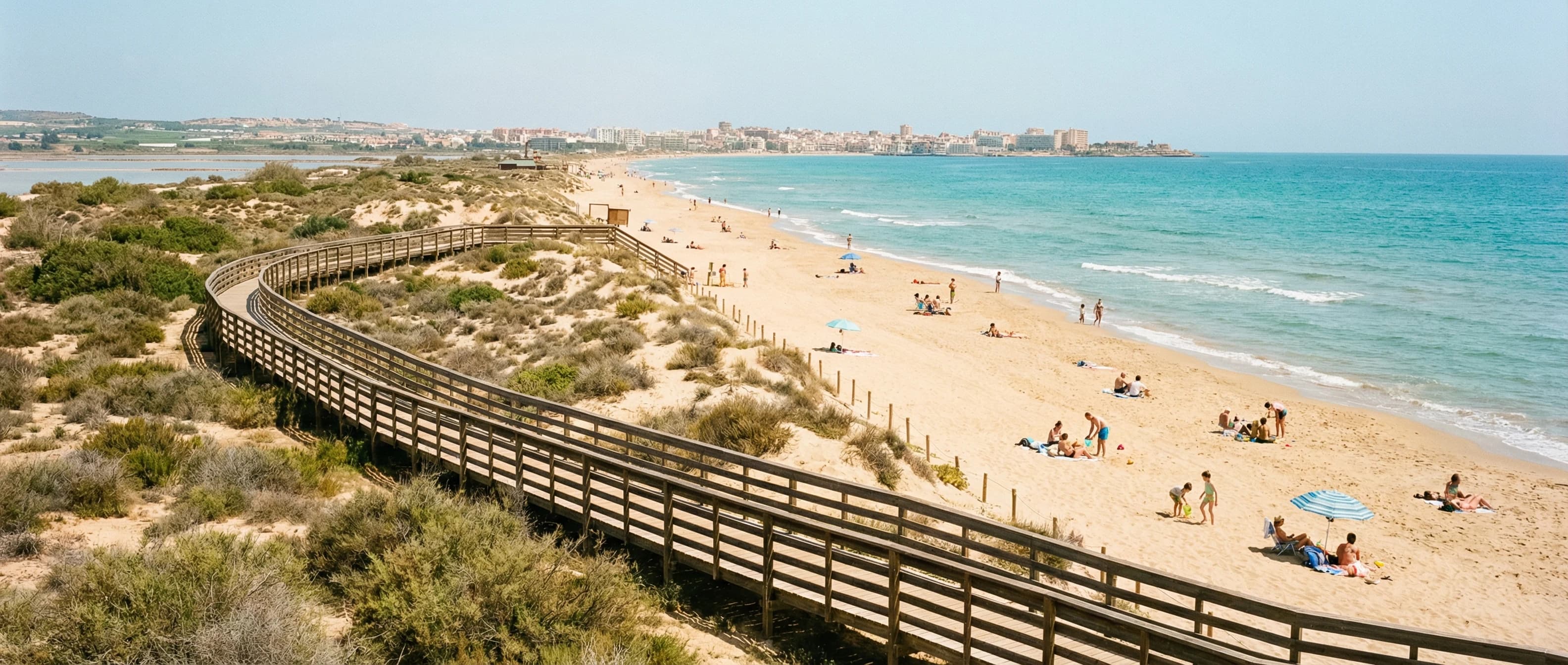 La Matas breda sandstrand med dyner, strandpromenad och Medelhavet i soligt väder nära Torrevieja