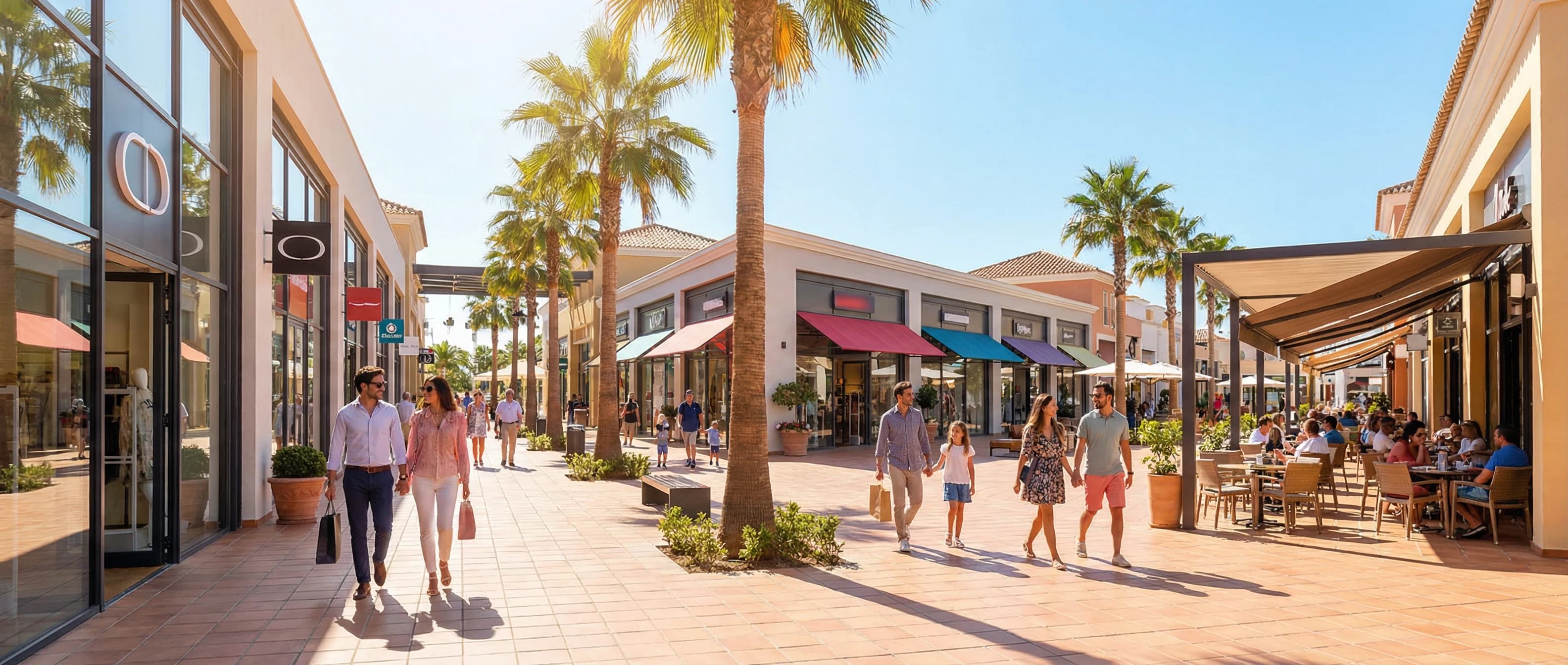 La Zenia Boulevard i Orihuela Costa med butiker, restauranger, öppna gångstråk och shoppingliv i soligt väder