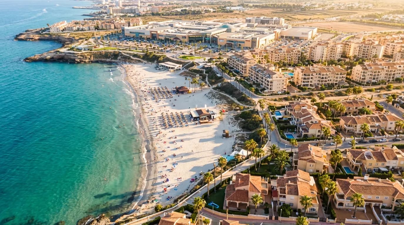 Flygvy över La Zenias kustlinje med turkost Medelhav, sandstrand och vita bostäder, Costa Blanca, Spanien