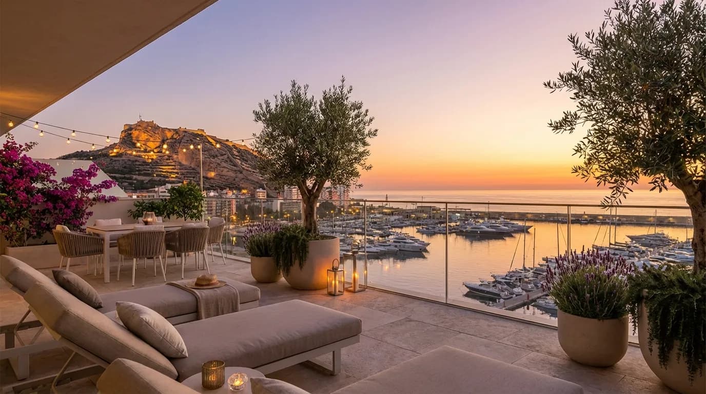 Lyxig lagenhetsterrass med utsikt over Alicantes hamn och Castillo de Santa Barbara i solnedgang, Medelhavet i bakgrunden