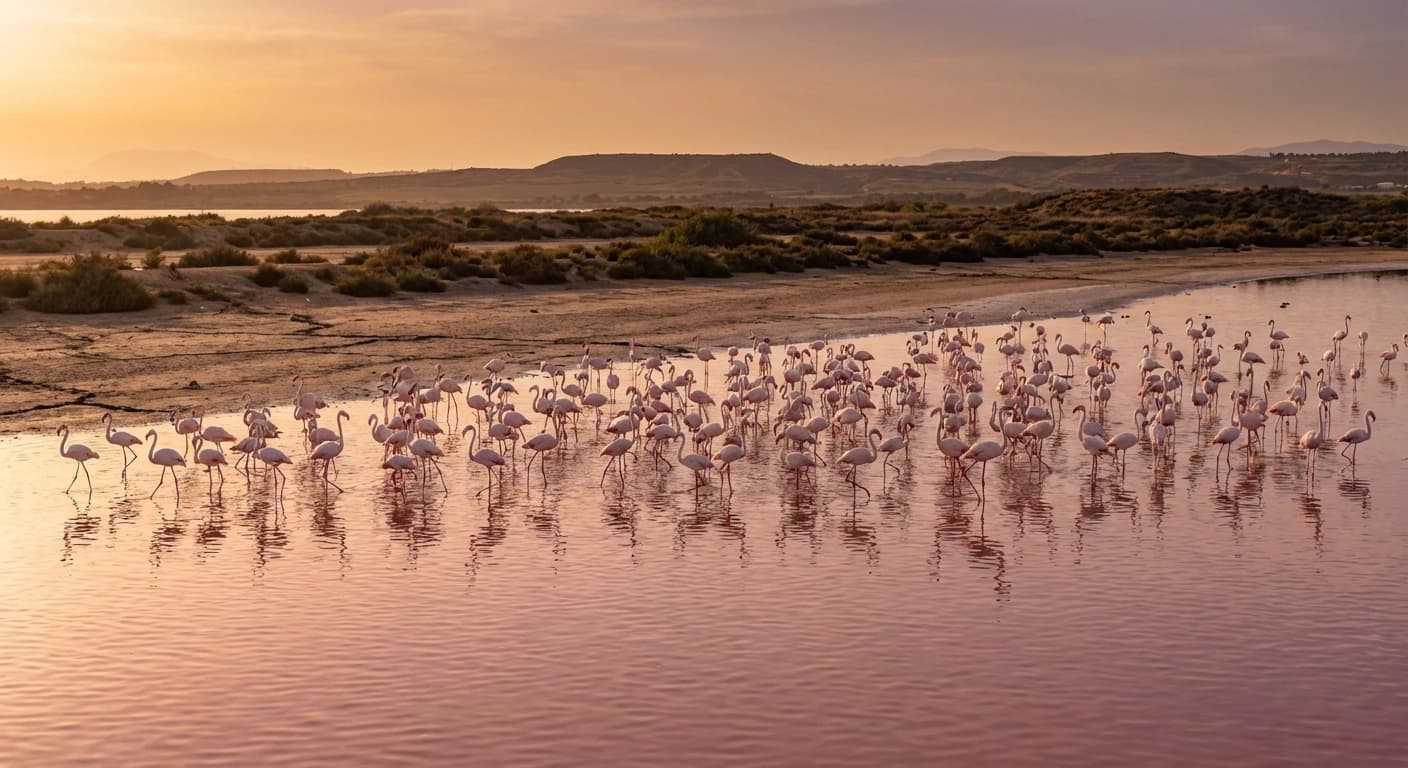 Laguna Rosa i Torrevieja med rosa vatten, saltkanter och naturparken runt sjön, Costa Blanca