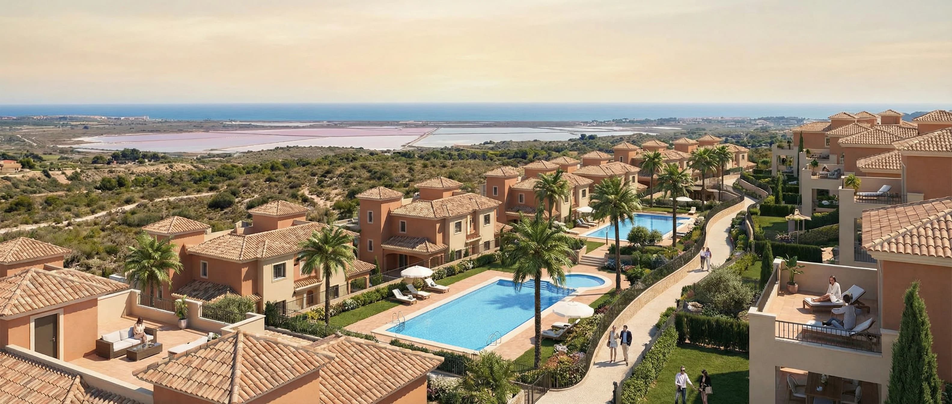 Bostadsområde i Los Altos med moderna urbanisationer, palmer och utsikt mot kusten och saltsjöarna nära Torrevieja