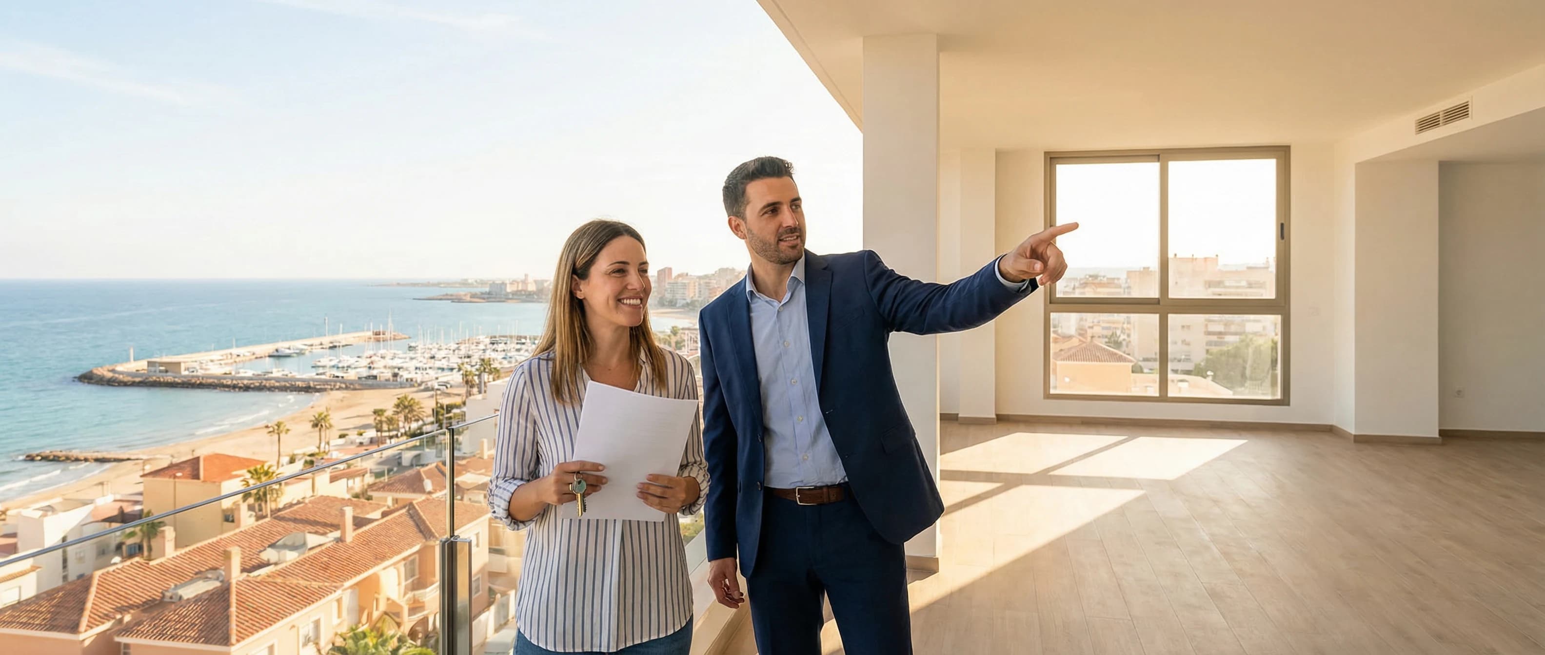 Bostadsvisning i Torrevieja med mäklare, köpare och lägenhetsdokument nära Costa Blanca-kusten