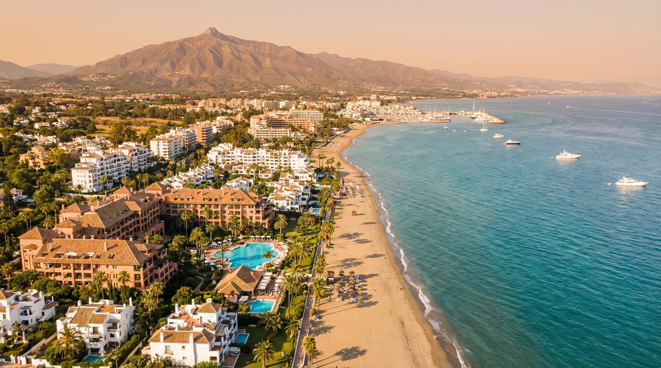 Flygvy över Marbellas Golden Mile med lyxiga strandhotell, turkost Medelhav och Sierra Blanca-bergen i bakgrunden, Costa del Sol, Spanien
