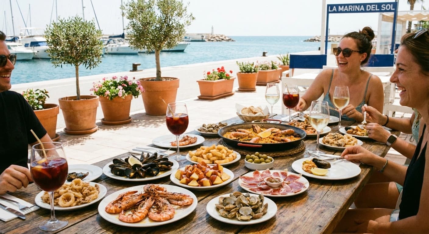 Tapas och skaldjur på restaurangbord vid hamnen i Torrevieja, Costa Blanca