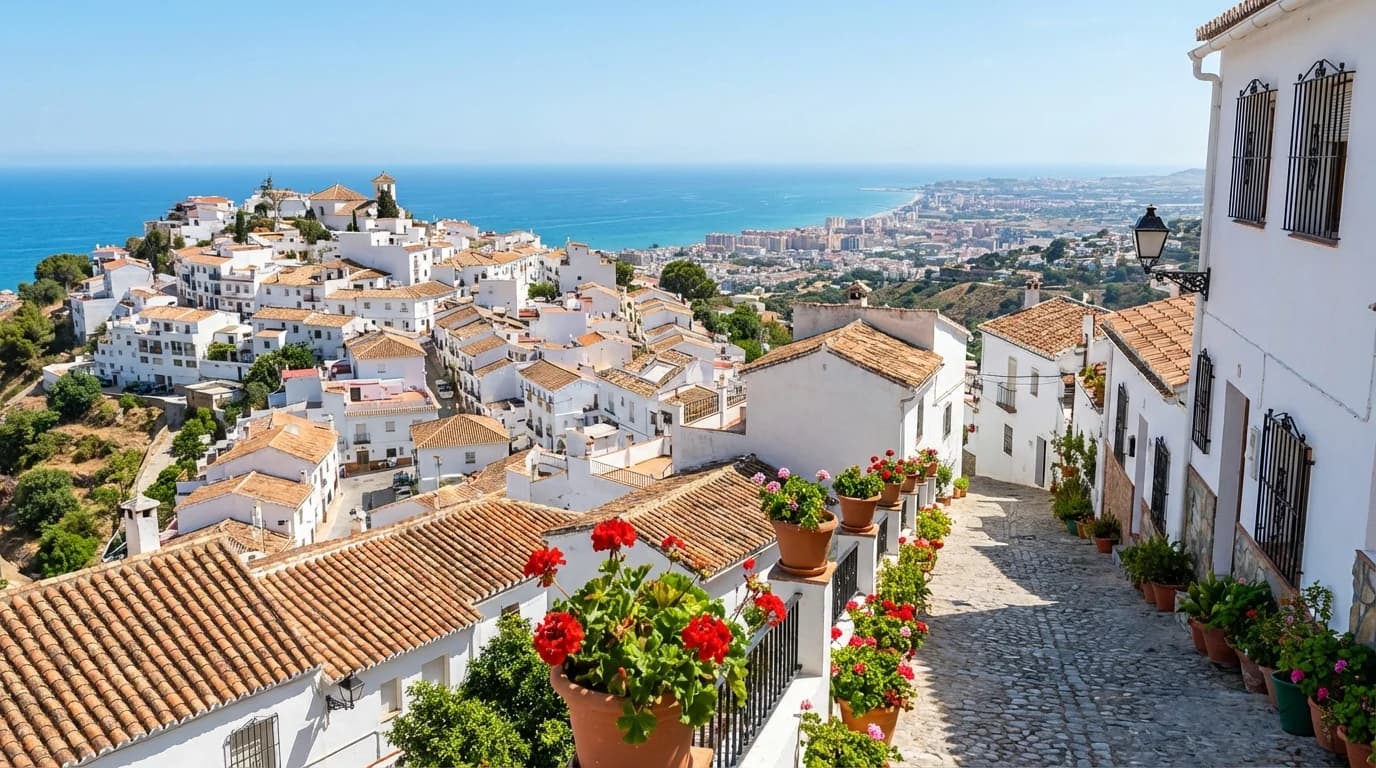 Vitkalkat hus med blå krukor och bougainvillea i Mijas Pueblo, utsikt över Medelhavet och Costa del Sol, Andalusien, Spanien