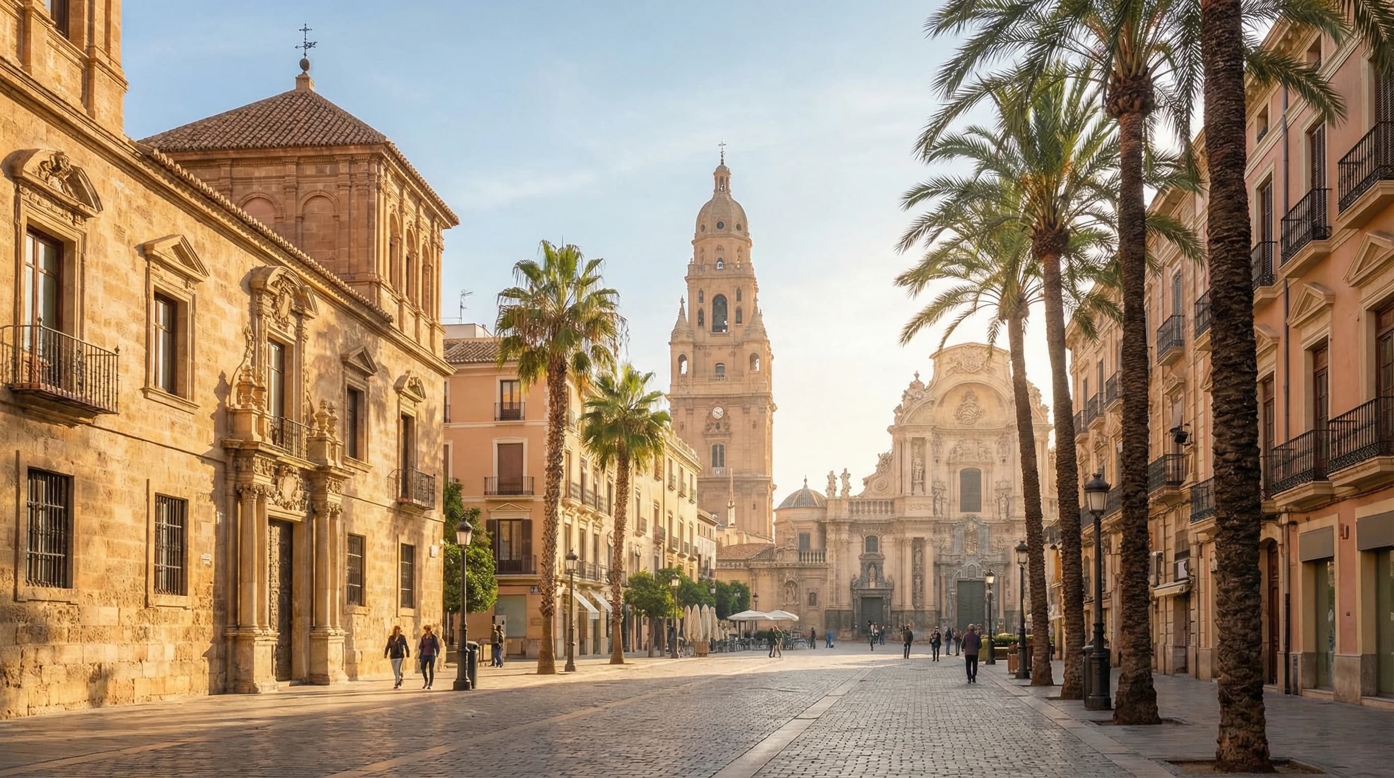 Murcia stad vid Segurafloden med bro, palmer och historiska fasader, Región de Murcia, Spanien