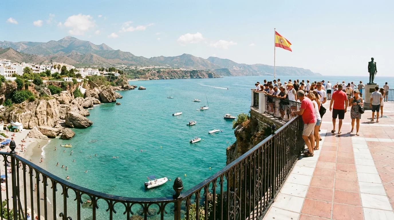 Utsikt från Balcón de Europa i Nerja över turkosa Medelhavskrikar, vita hus på klippor och strandpromenad, östra Costa del Sol, Spanien