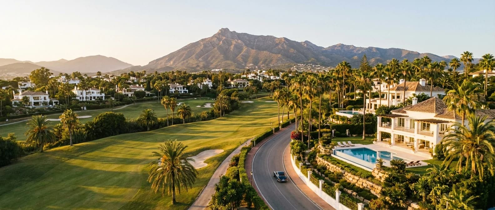 Nueva Andalucia i Marbella med golfbanor, villor, palmer och utsikt mot La Concha och Puerto Banus