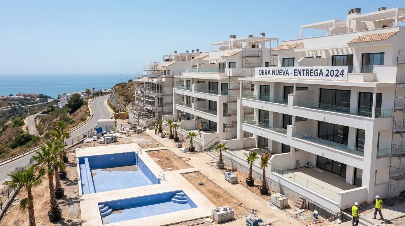 Nybyggt modernt bostadshus med pool och terrass under blå himmel vid Spaniens medelhavskust