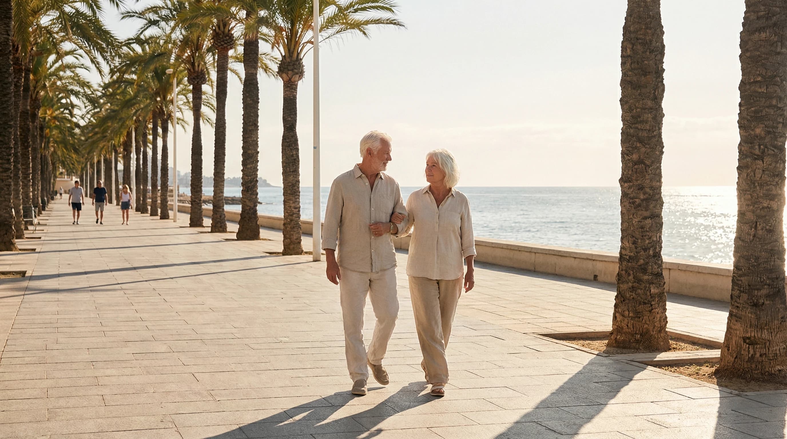 Svenskt pensionärspar på strandpromenad med palmer och hav på Costa Blanca i Spanien