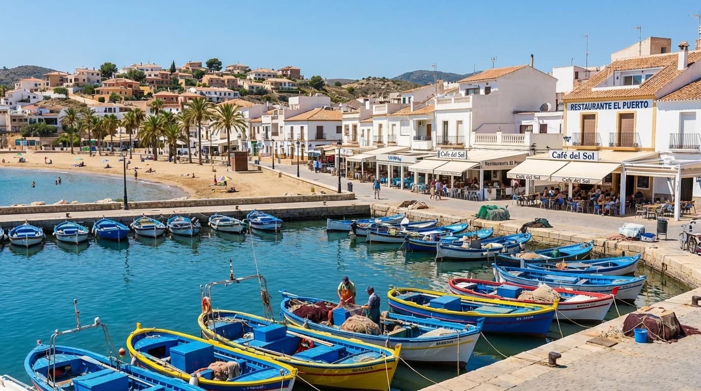 Puerto de Mazarróns hamn med färgglada fiskebåtar, restauranger längs kajen och Medelhavet i bakgrunden, Costa Cálida, Murcia, Spanien