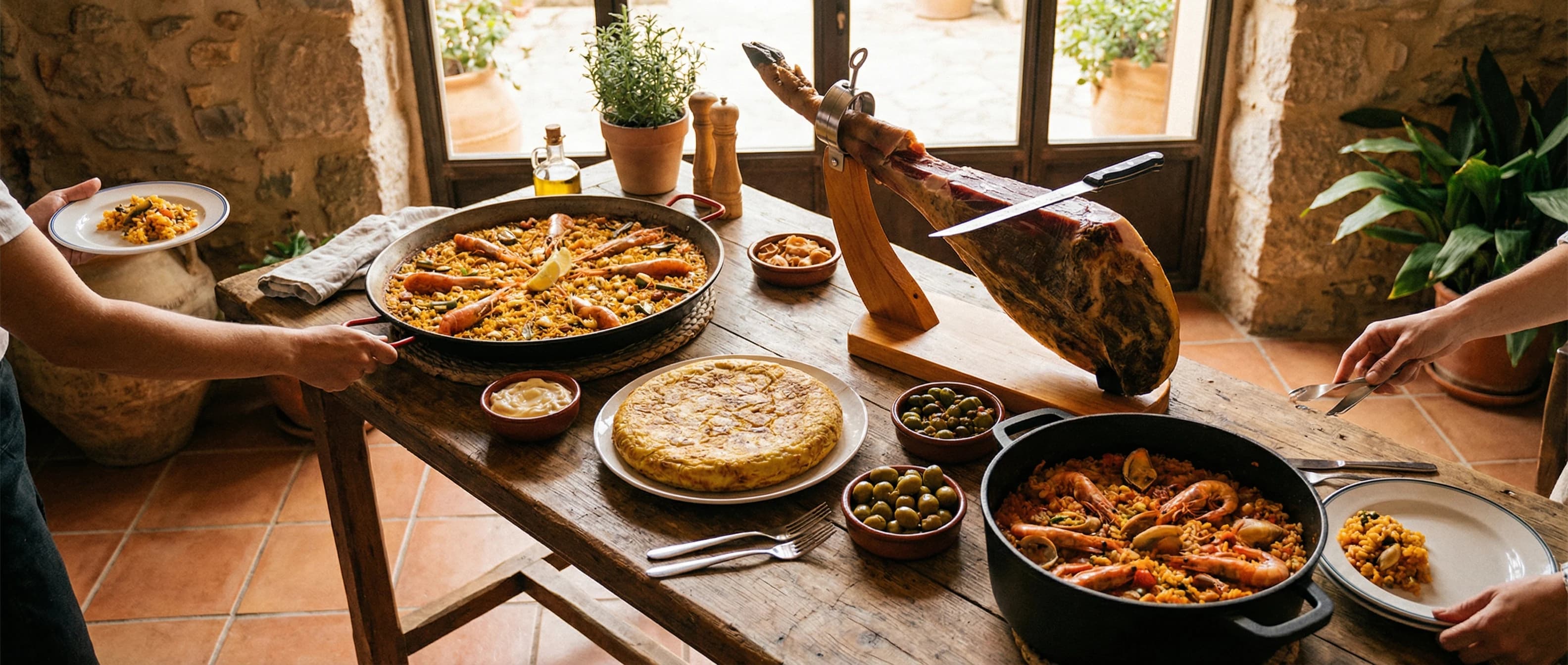 Spanska tapas, paella, skinka och lokala rätter serverade på restaurangbord i varm medelhavsmiljö