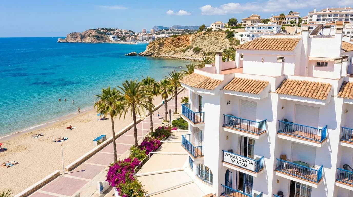 Strandnära lägenhetskomplex med gemensam pool vid Medelhavet, Costa Blanca