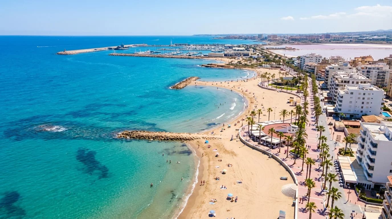 Panoramautsikt över Torreviejas kustlinje med sandstränder, turkost Medelhav och strandpromenad, Costa Blanca