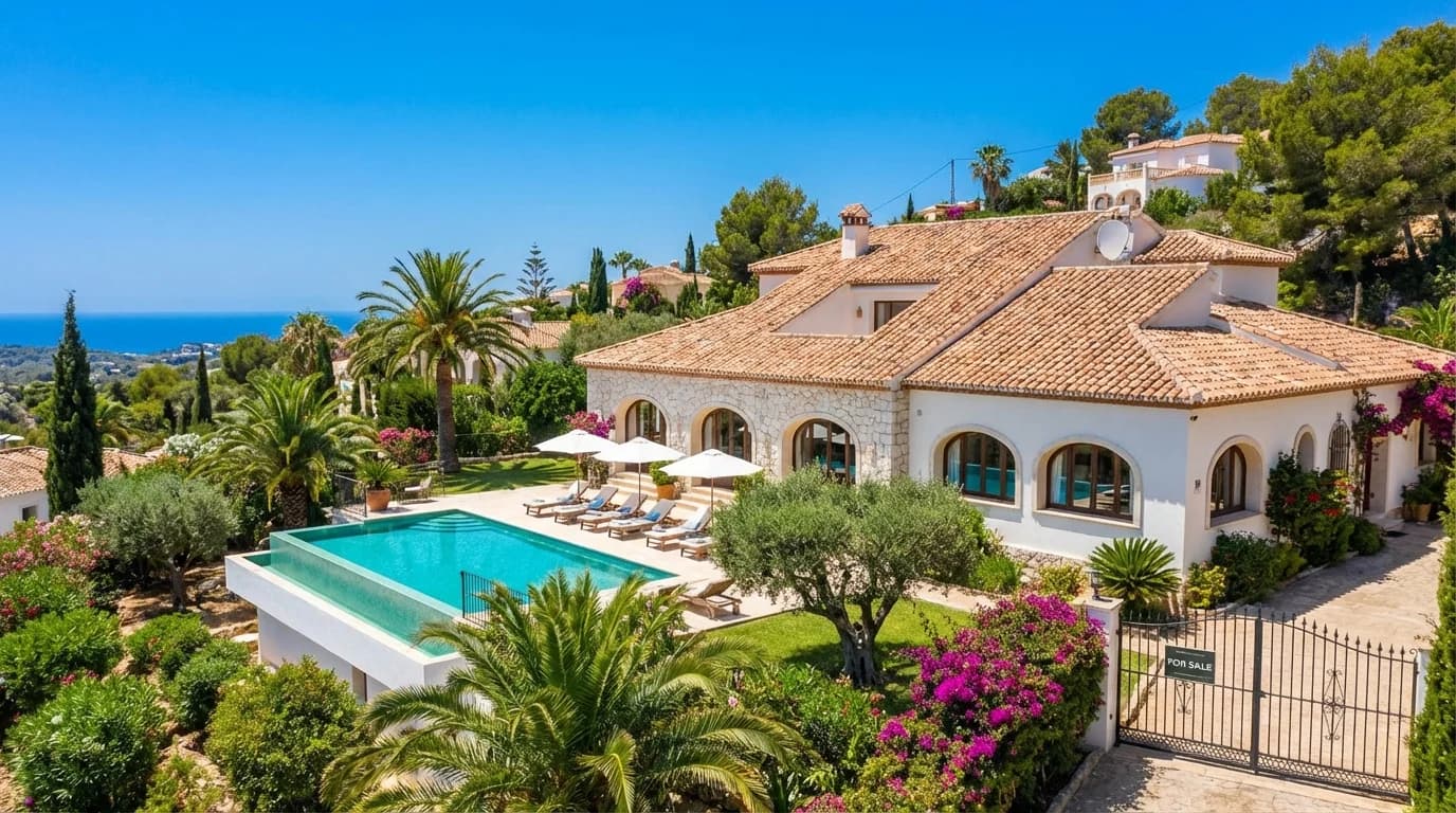 Modern vit villa med privat pool och palmträd vid Spaniens medelhavskust, solig dag