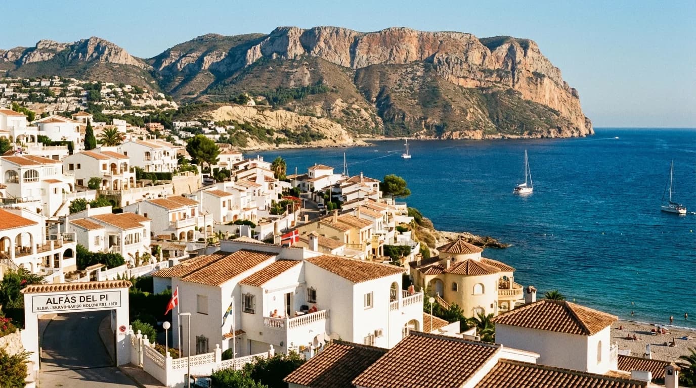 Utsikt över Albir strandpromenad och Serra Gelada naturpark i Alfaz del Pi, norra Costa Blanca, Spanien