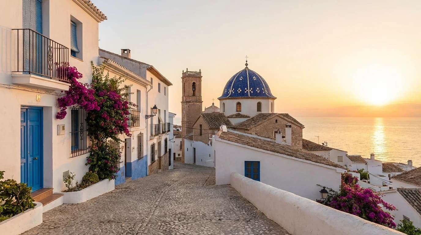 Alteas gamla stad med vita gränder, blå kupol, havsutsikt och kvällsliv på Costa Blanca