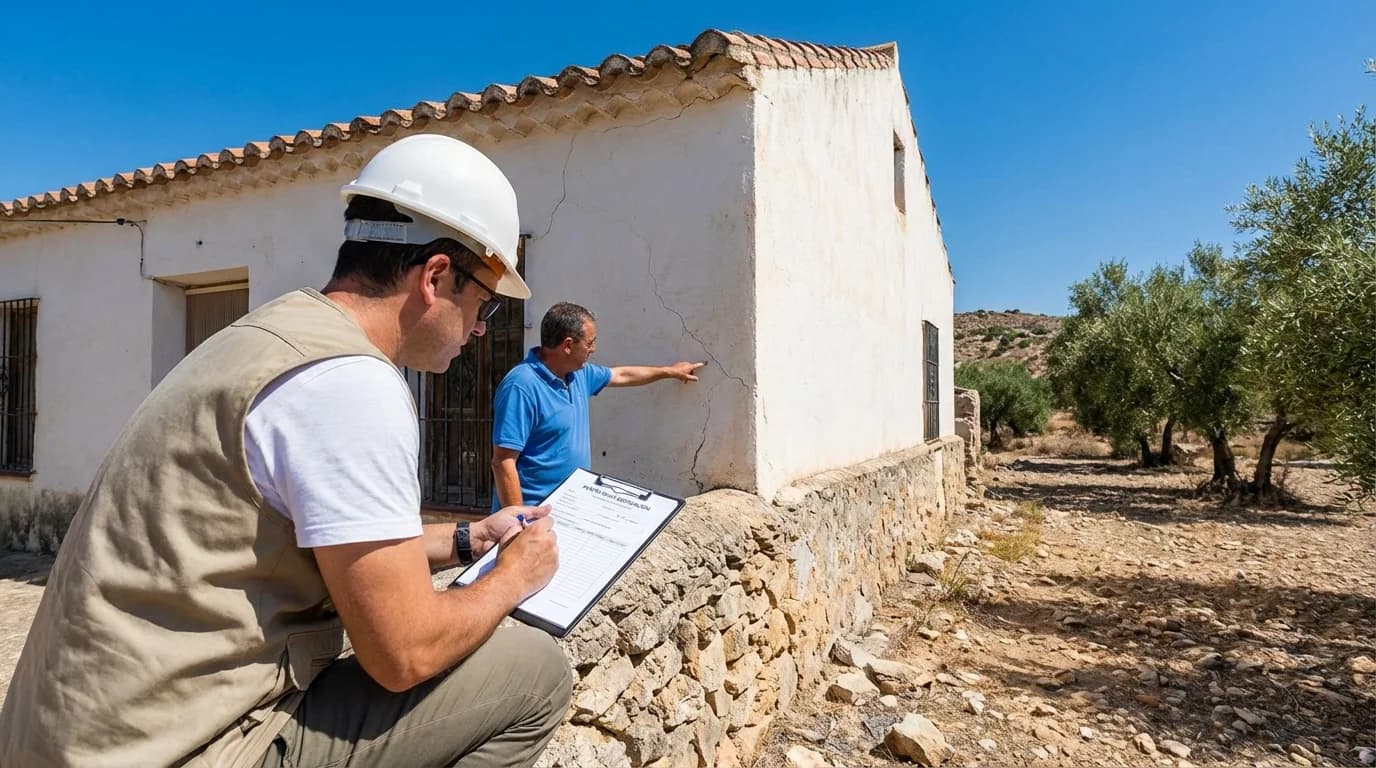 Teknisk besiktningsman inspekterar spansk villa med fuktmätare, Costa Blanca