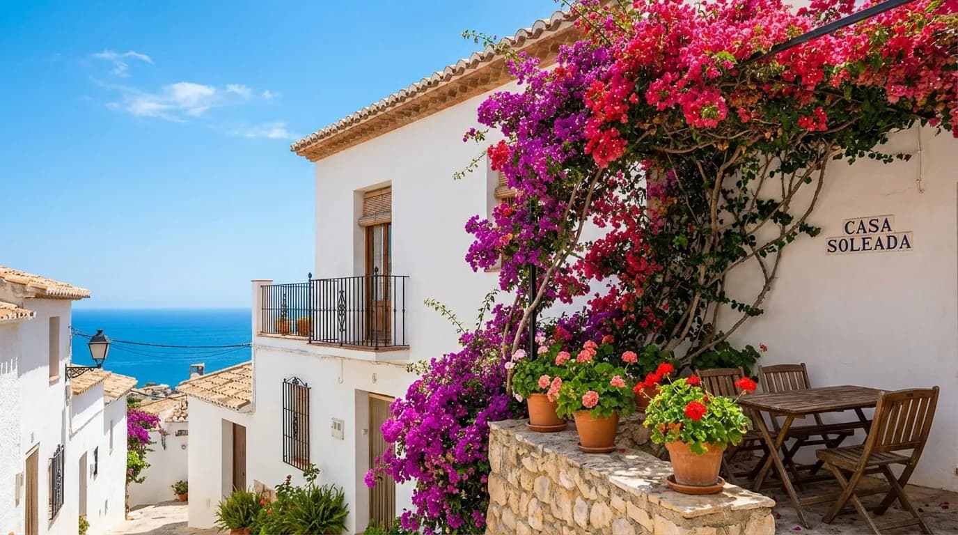 Vitkalkat radhus med terrass och bougainvillea i spansk kuststad, Costa Blanca