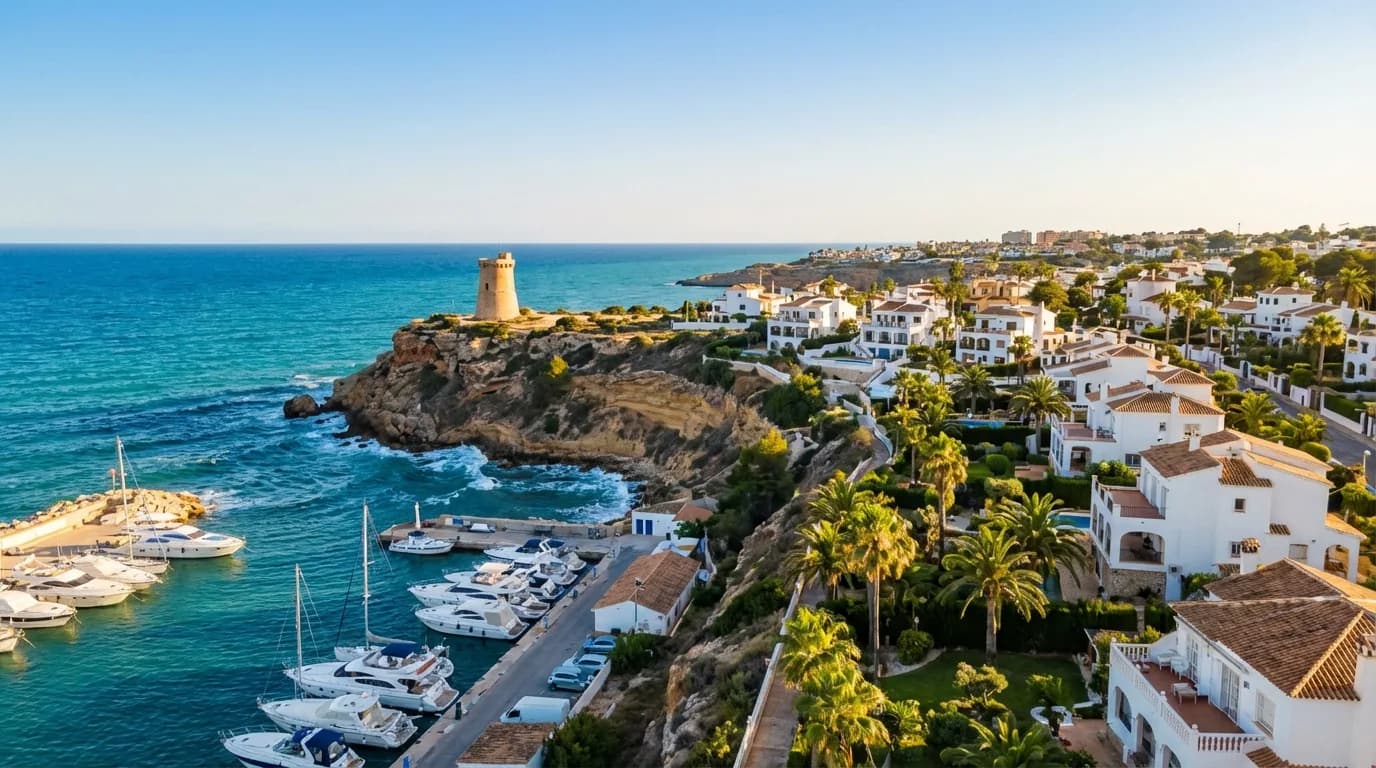 Cabo Roig marina med vita segelbåtar, klippudden och Medelhavets turkosa vatten vid Orihuela Costa, Costa Blanca, Spanien