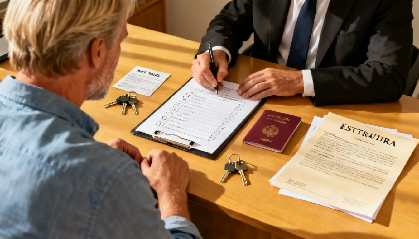 Svensk köpare och spansk advokat som tillsammans går igenom en checklista för bostadsköp vid ett notariebord med dokument och nycklar framför sig, med spanskt ljus genom fönstret