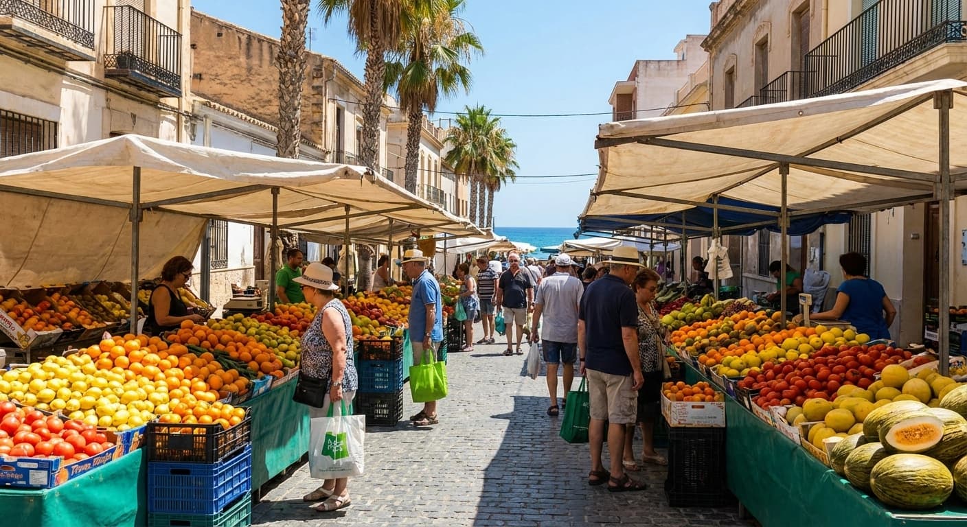 Fredagsmarknaden i Parque Antonio Soria i Torrevieja med fruktstånd, kläder och många besökare, Costa Blanca