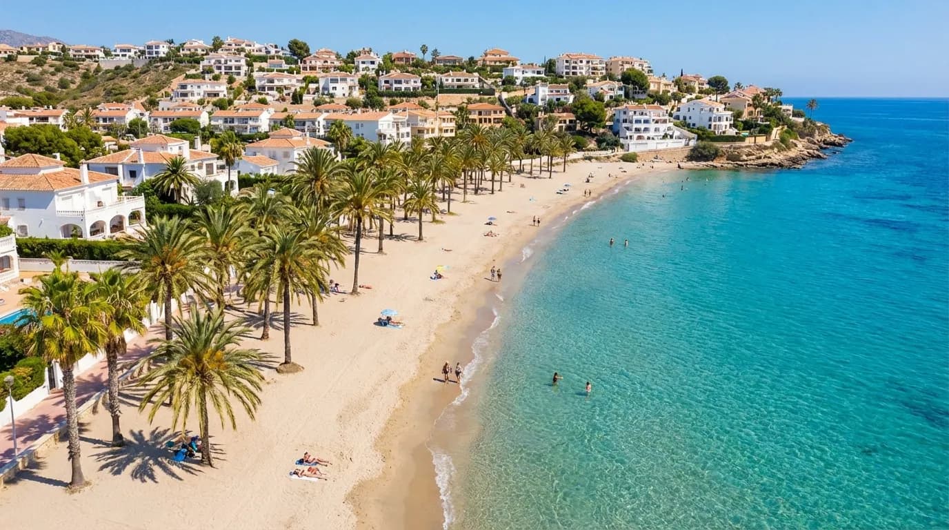 Sandstranden i Mil Palmeras med palmträd och turkost Medelhavsvatten längs Costa Blanca