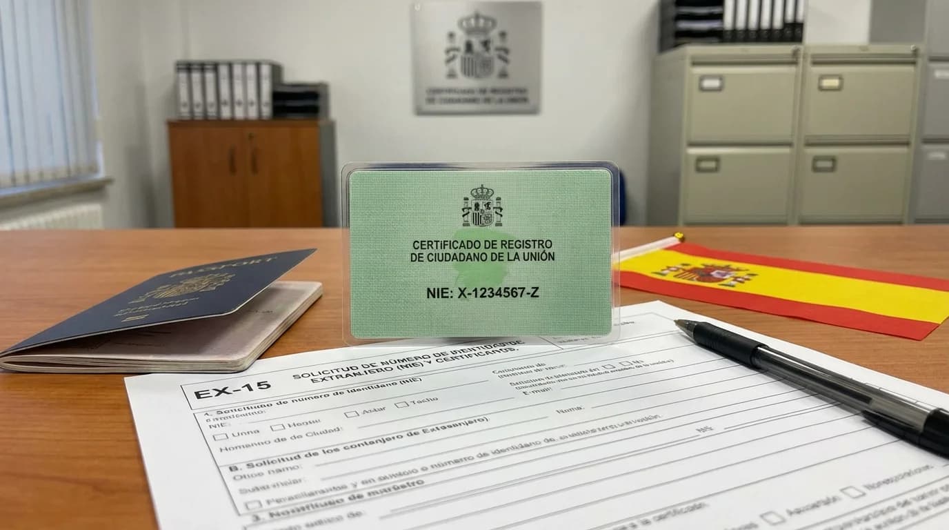 Person fyller i EX-15-formulär vid spanskt poliskontor för NIE-ansökan, Alicante